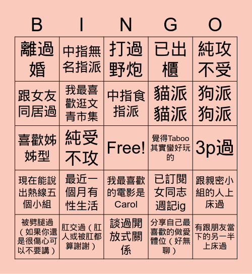 第一屆親密小組賓果大賽 Bingo Card