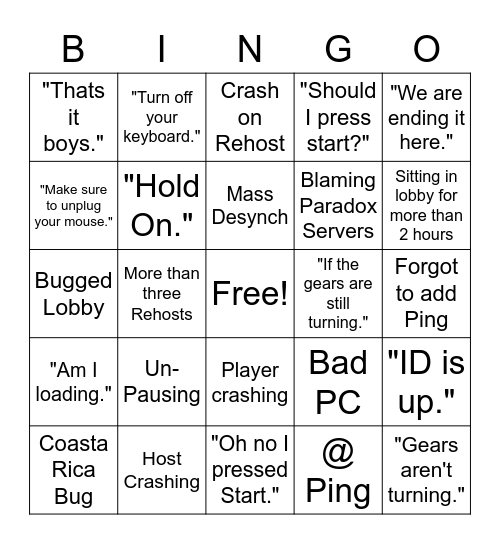 Rehost Bingo Card