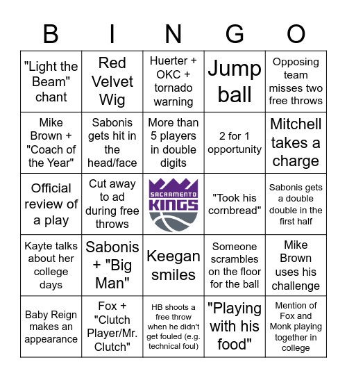 Sacramento Kings Bingo Card