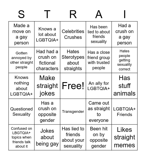 Straight Sexuality Bingo Card