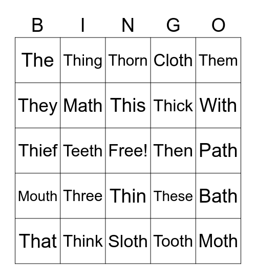 "TH" sounds Bingo Card