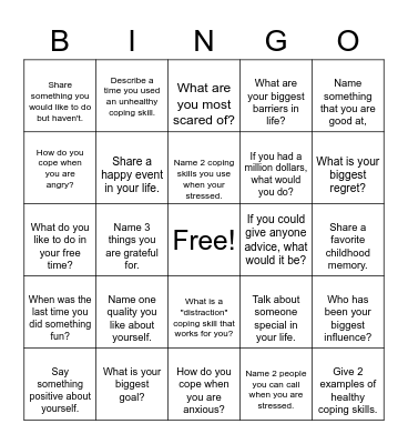 Emotional Wellness Bingo Card