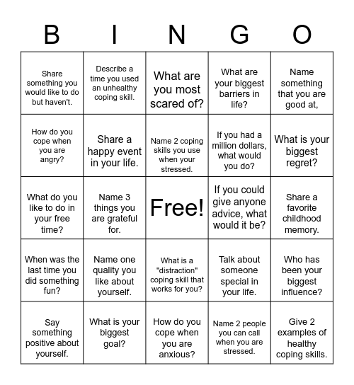 Emotional Wellness Bingo Card