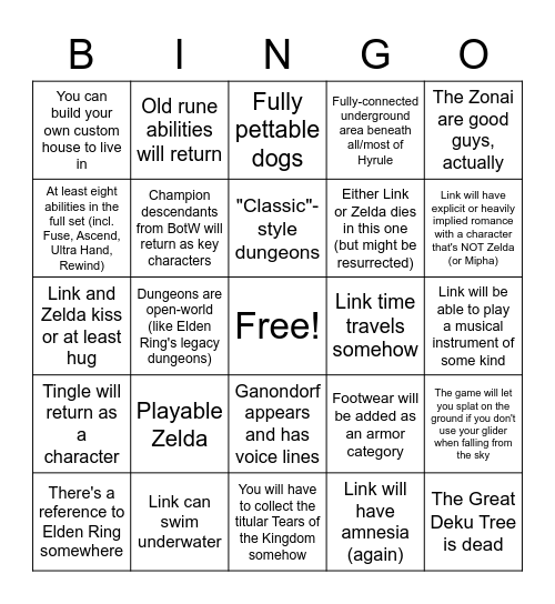 Tears of the Kingdom Bingo Card