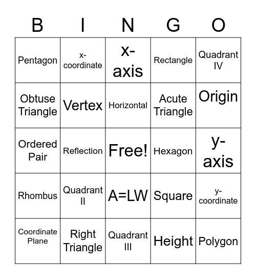 Coordinate Plane Bingo (6 Gr Mod 11) Bingo Card