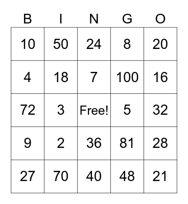 Multiplication Facts Bingo Card