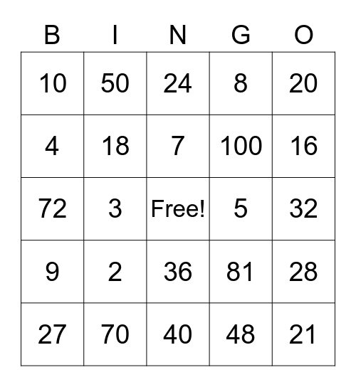 Multiplication Facts Bingo Card