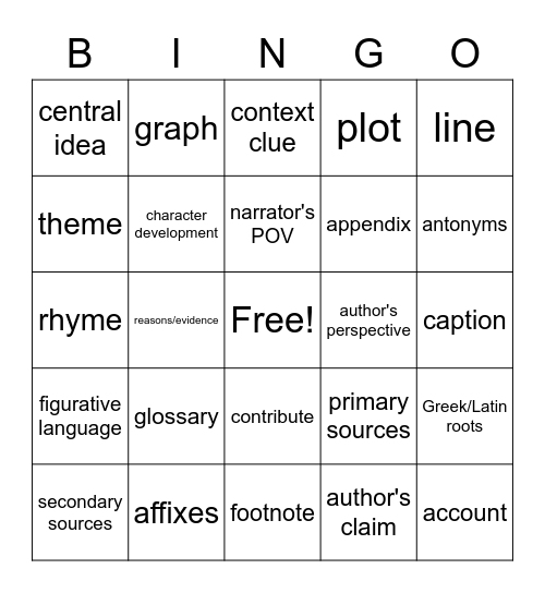 Benchmark Vocabulary Bingo Card