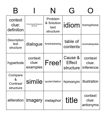 Benchmark Vocabulary Bingo Card