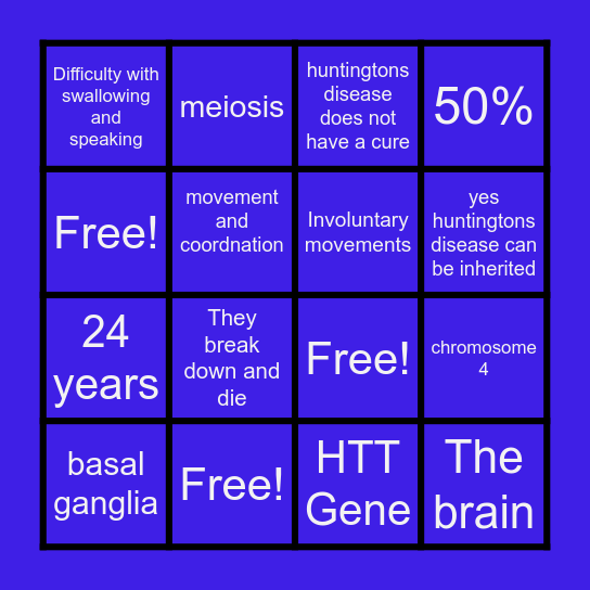 Huntingtons Disease Bingo Card