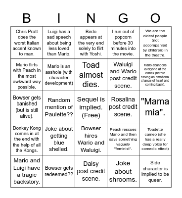 Mario Movie Bingo Card