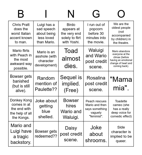 Mario Movie Bingo Card