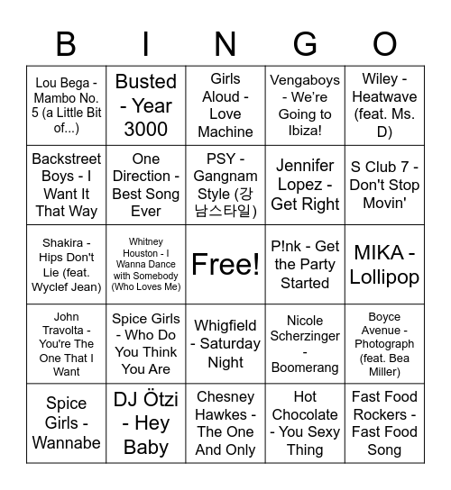 Music Bingo - Cheesy Songs (2) Bingo Card