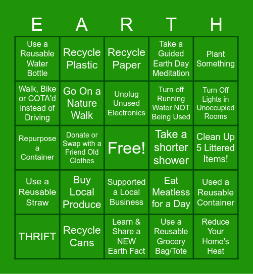 April Kindness Challenge We <3 Earth Bingo Card