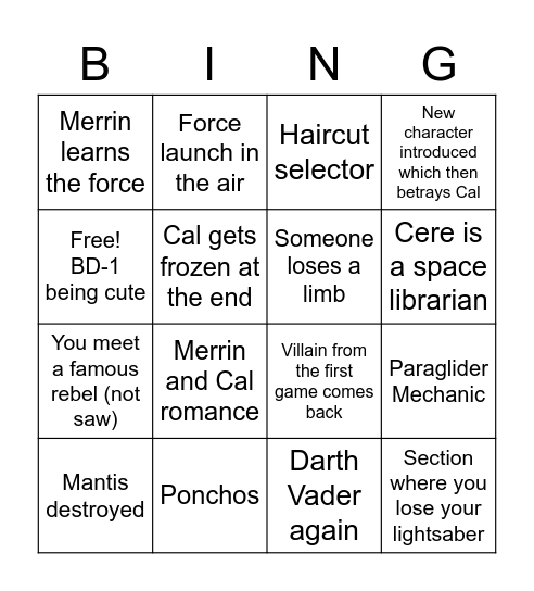 Jedi Survivor bingo Card