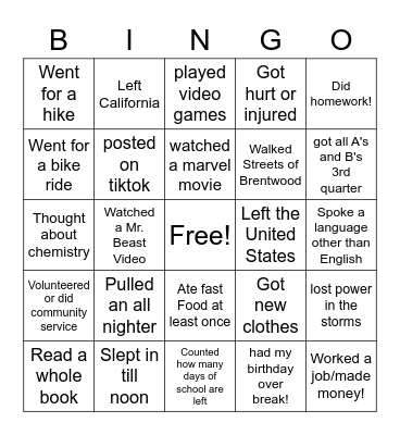 Spring Break BINGO Card