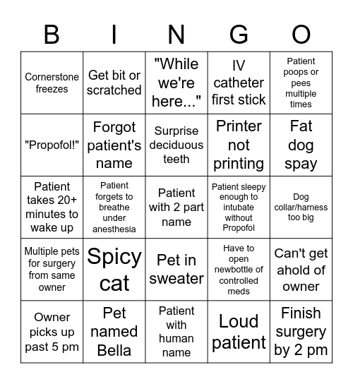 Surgery Bingo Card