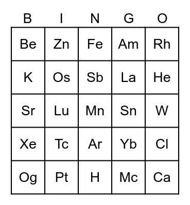 Periodic Table Bingo Card