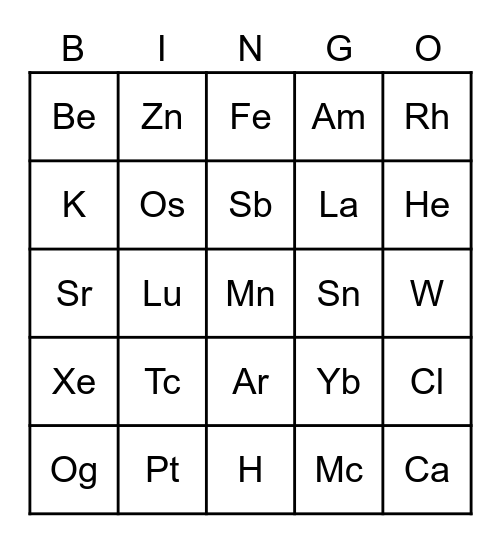 Periodic Table Bingo Card