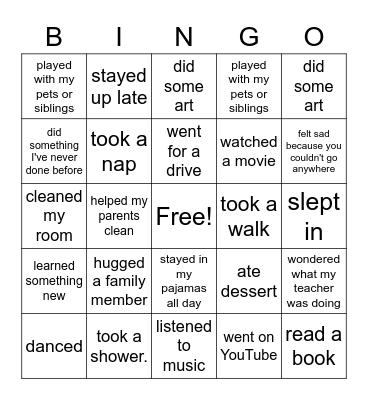 Spring Break Bingo Card