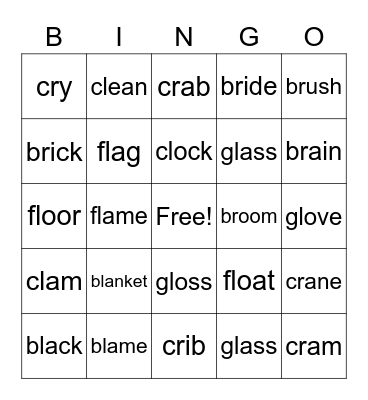 Unit 1 Bingo (bl, cl, br, cr, fl, gl) Bingo Card