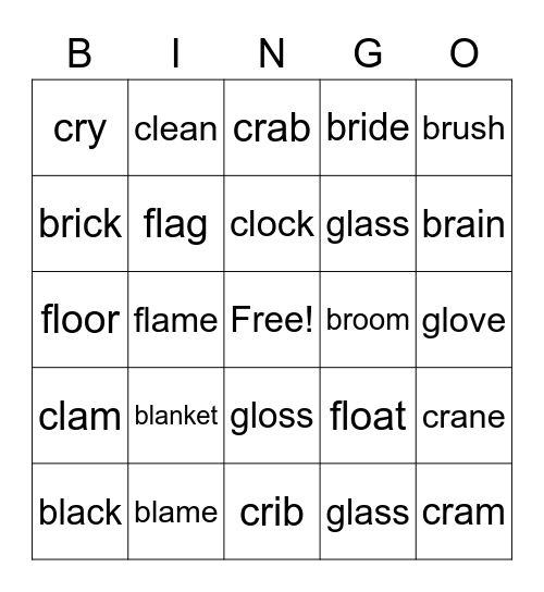 Unit 1 Bingo (bl, cl, br, cr, fl, gl) Bingo Card