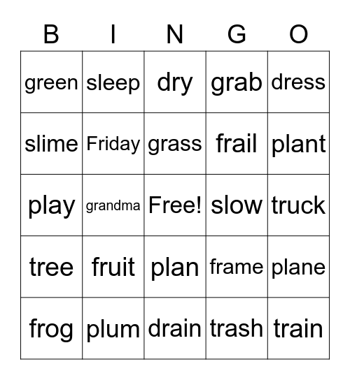 Unit 2 Bingo (fr, gr, pl, sl, dr, tr) Bingo Card