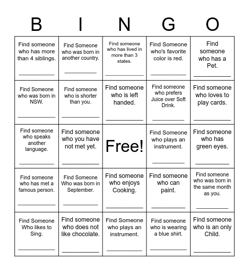 Find Someone Who Bingo Card