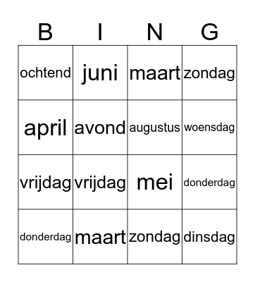 de dagen van de week + maanden Bingo Card