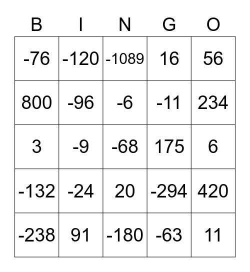 Bingo Math Bingo Card