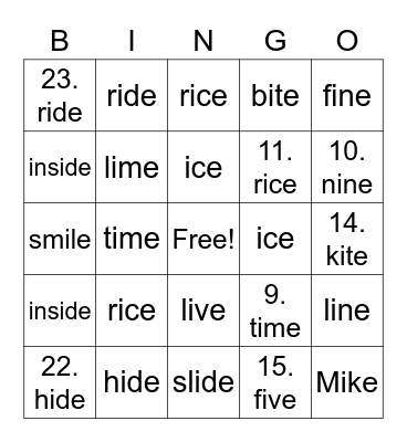 Grade 2 Phonics Bingo Card