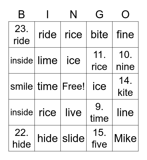 Grade 2 Phonics Bingo Card