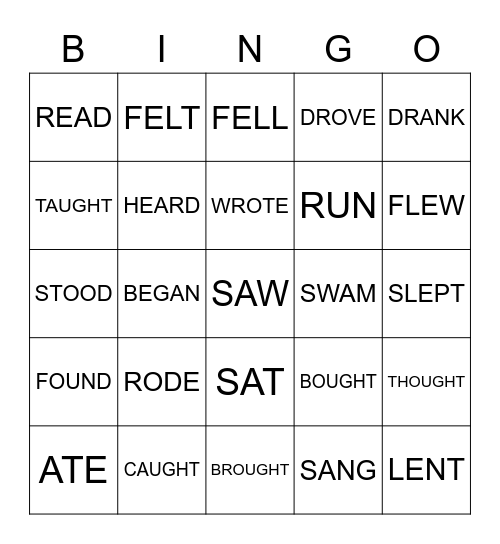 Irregular Verbs Bingo Card