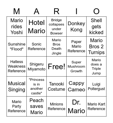 Wahoo Mario Movie Bingo Card