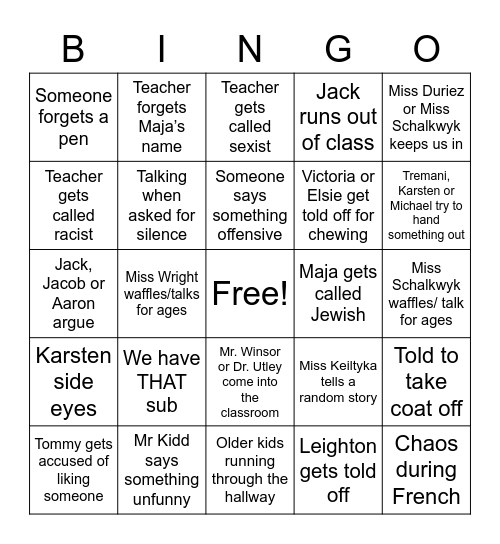 7MK (SCHOOL) BINGO Card