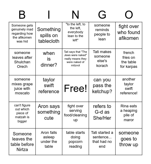 Classic Seder Bingo Card