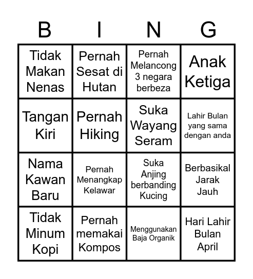 BINGO KENALI KAWAN KAMU Bingo Card