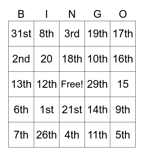 Numbers Bingo Card