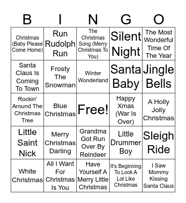 Holiday Songs Bingo Card