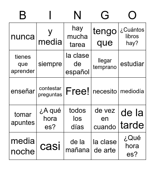 Vocabulario de unidad 2.1 Bingo Card