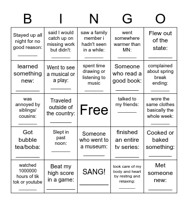 Spring Break Bingo Card