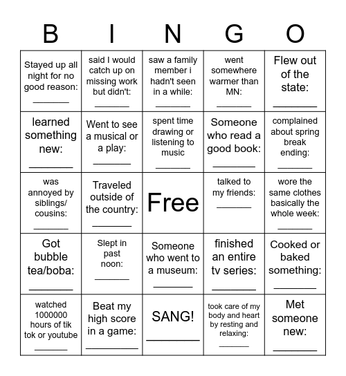 Spring Break Bingo Card