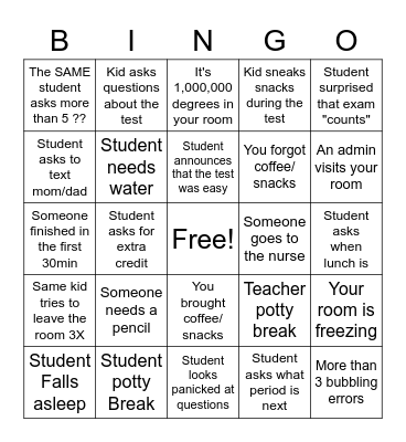 Exam Proctoring Bingo Card