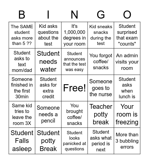 Exam Proctoring Bingo Card