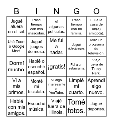 ¿Qué hiciste? Mis vacaciones de primavera Bingo Card