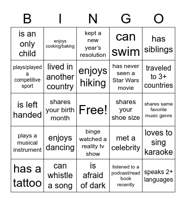 Getting to Know You! Bingo Card