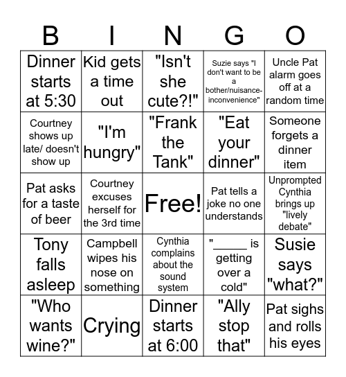Christmas Dinner Bingo Card