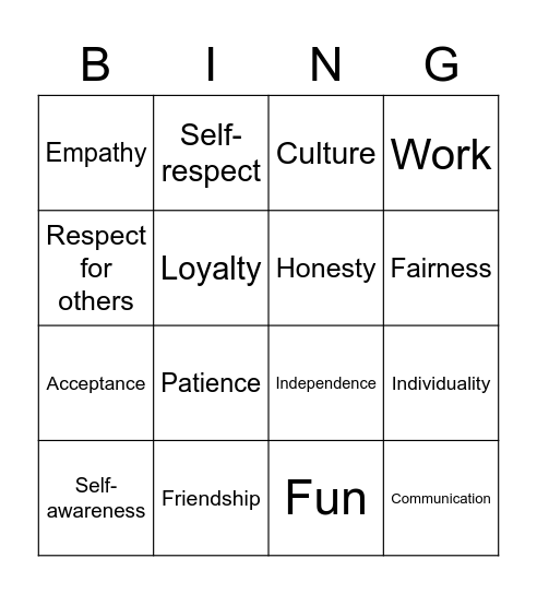 Core Values Bingo! Bingo Card