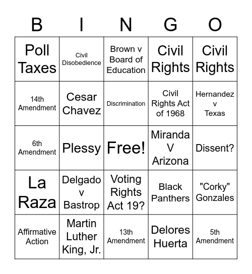 Intro to Civil Rights MEXAMS Bingo Card