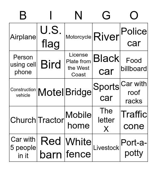 Road trip to PA Bingo Card